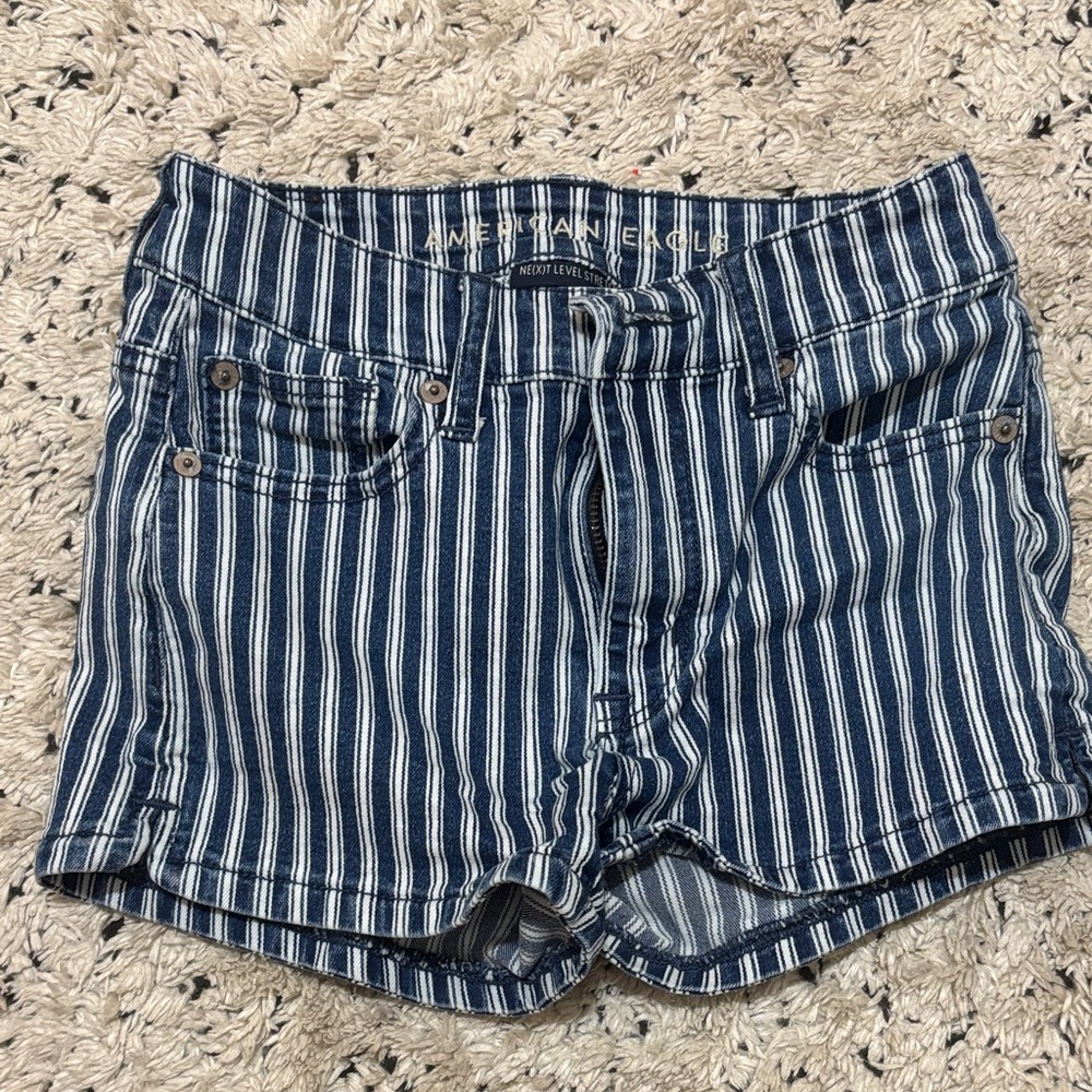 American Eagle Outfitters Navy and White Striped Jean Shorts